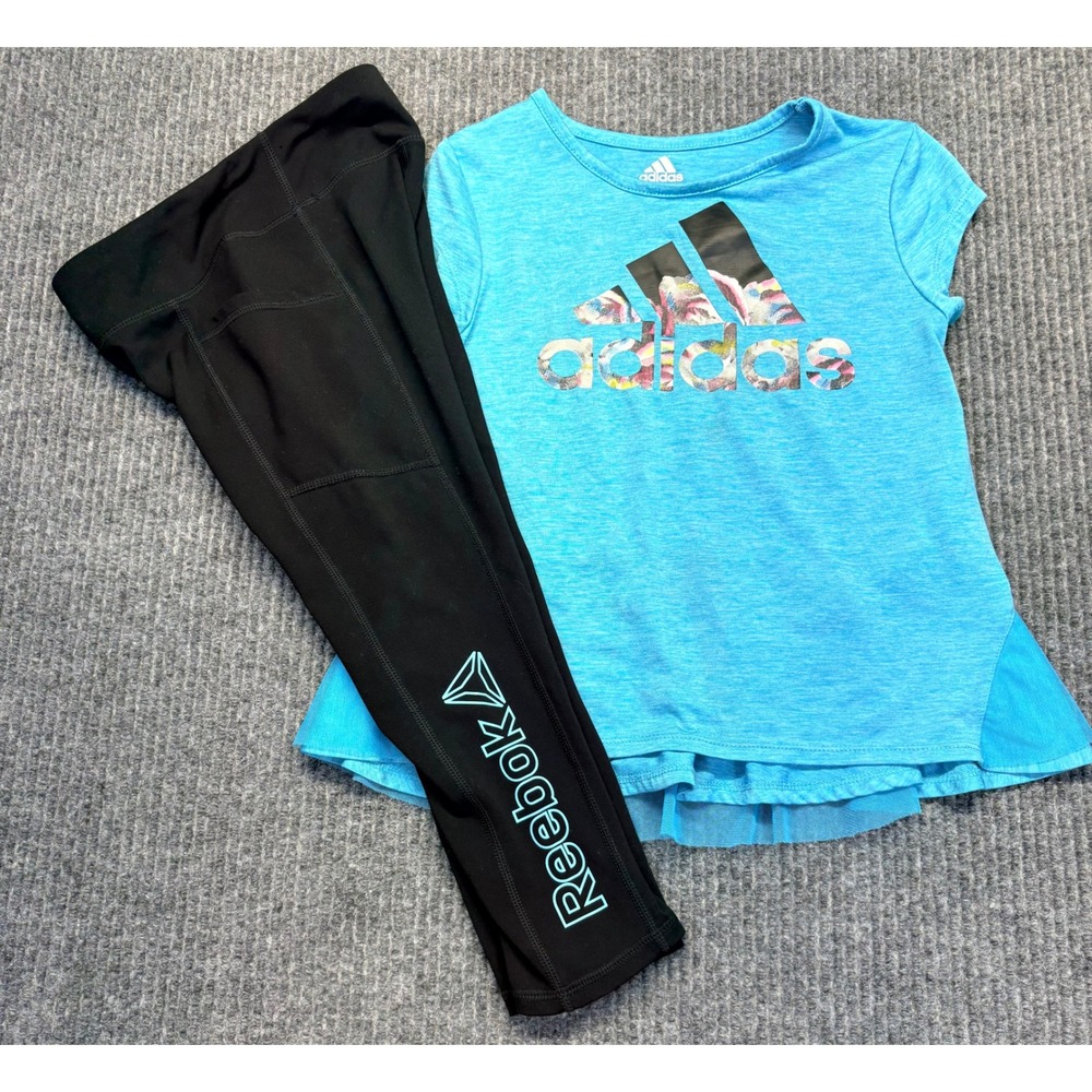 Adidas Girls Blue Peplum Tee and Reebok Black Leggings Set Size 6 6X